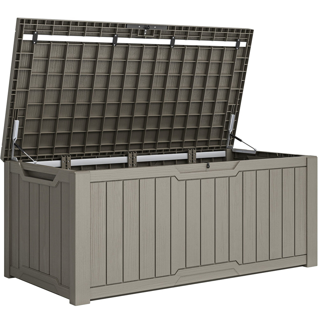 Coffre de terrasse verrouillable en résine résistante à l'eau, grande capacité (120-260 gallons).