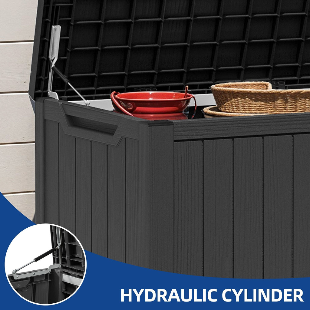 Coffre de terrasse verrouillable en résine résistante à l'eau, grande capacité (120-260 gallons).