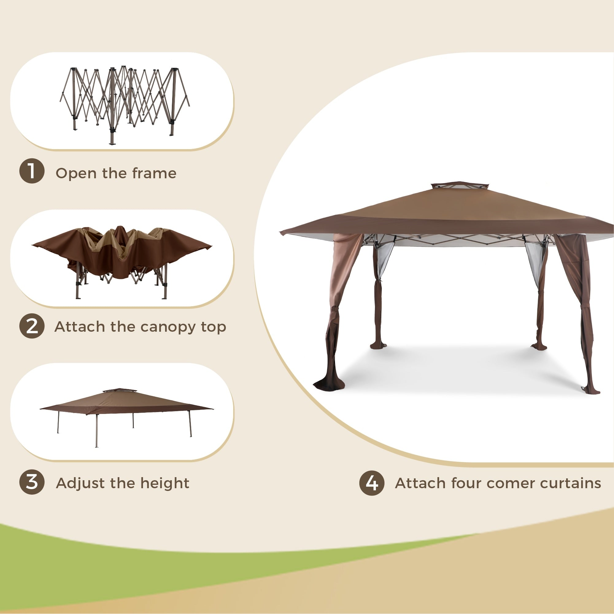 Toit de jardin pliable et renforcé de 4 m x 4 m avec élégant rideau d'angle - 4 m x 4 m