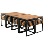 Ensemble de salle à manger de patio en bois d'acacia 18 pièces, comprenant 8 chaises rembourrées, 8 poufs et 2 tables carrées