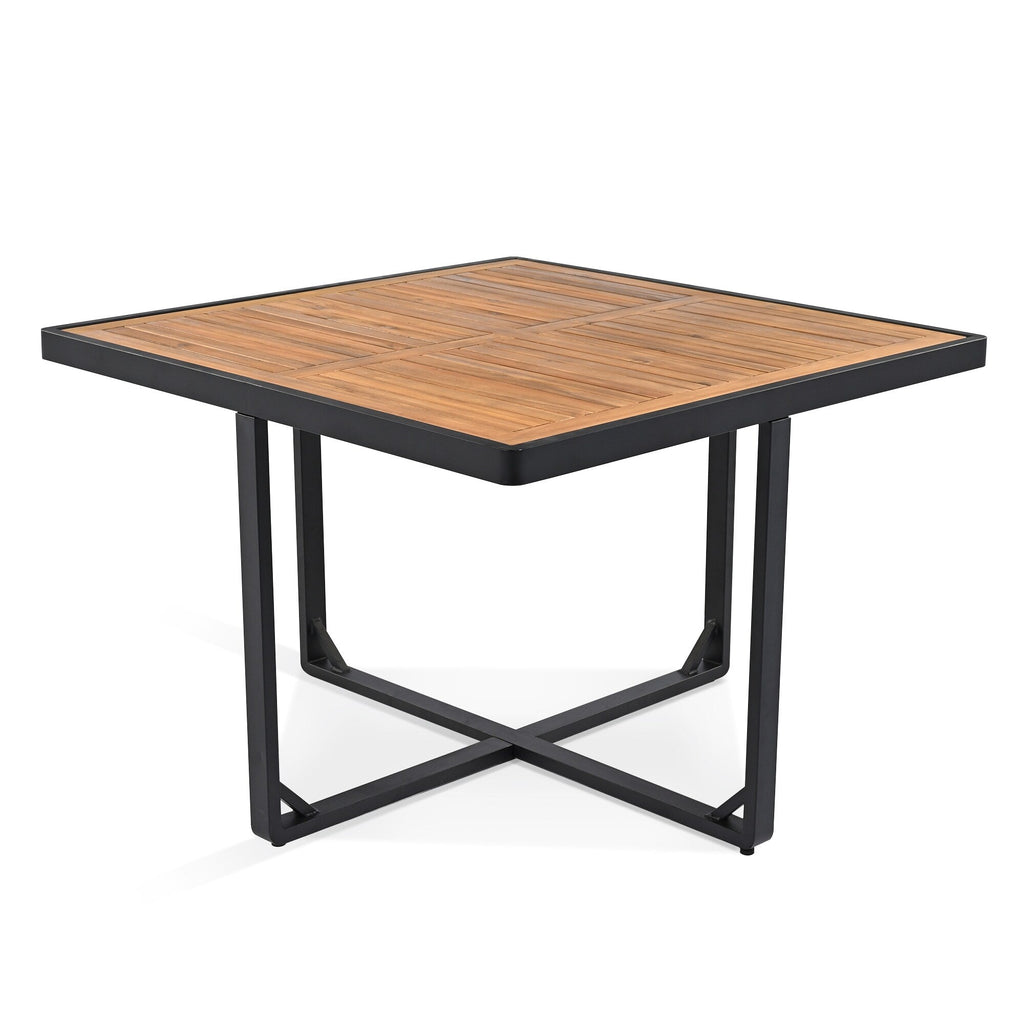 Ensemble de salle à manger de patio en bois d'acacia 18 pièces, comprenant 8 chaises rembourrées, 8 poufs et 2 tables carrées