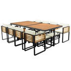 Ensemble de salle à manger de patio en bois d'acacia 18 pièces, comprenant 8 chaises rembourrées, 8 poufs et 2 tables carrées