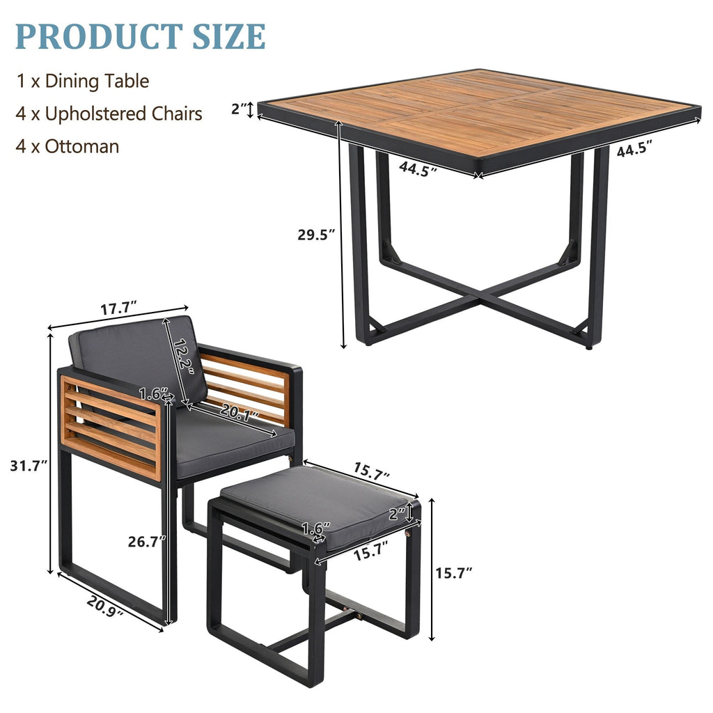 Ensemble de salle à manger de patio en bois d'acacia 18 pièces, comprenant 8 chaises rembourrées, 8 poufs et 2 tables carrées