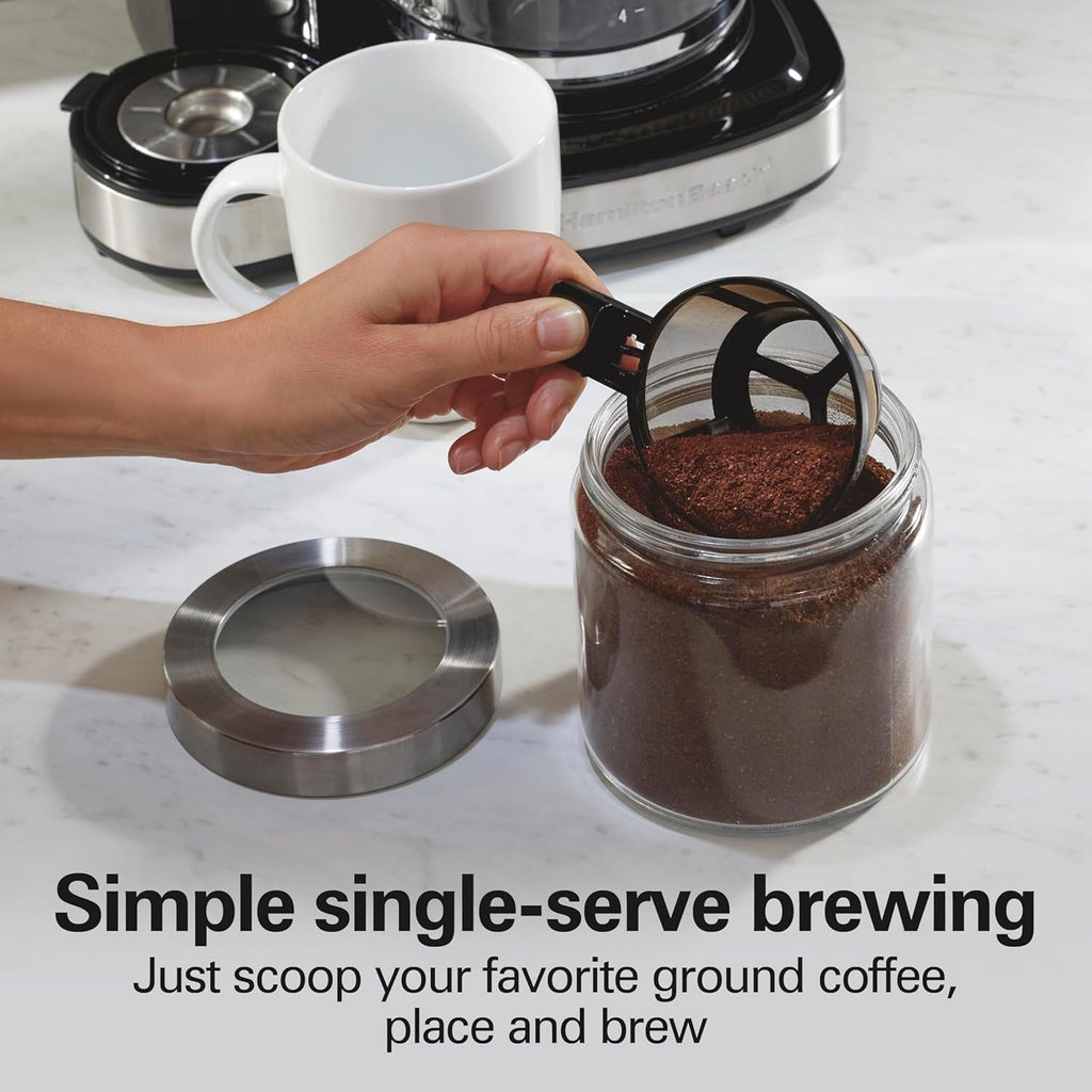 Cafetière 2 en 1 (12 tasses) et dosette individuelle, carafe en verre, pause et versement automatiques, noire