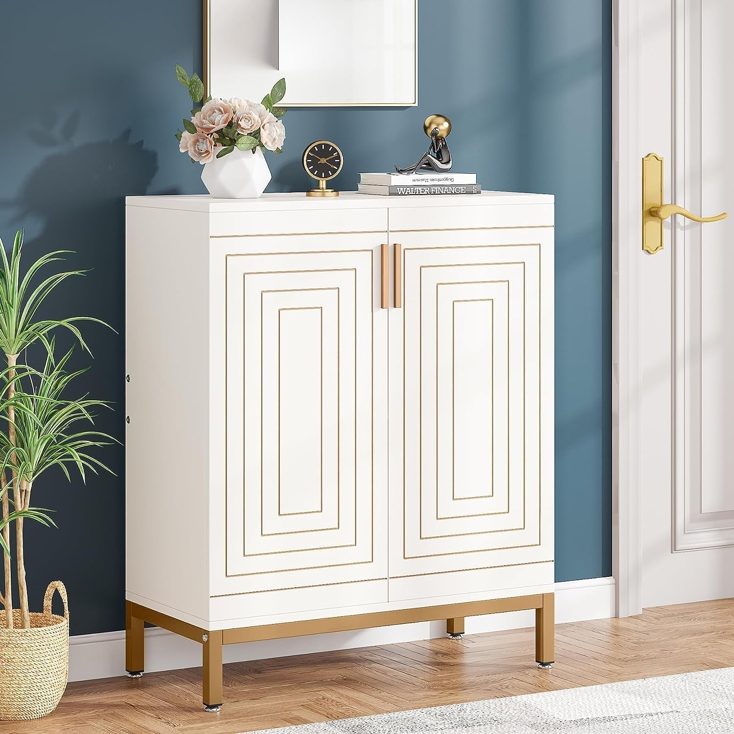 Meuble à chaussures pour 20 paires, 95 cm (37,4 pouces), meuble de rangement moderne avec portes, blanc et or