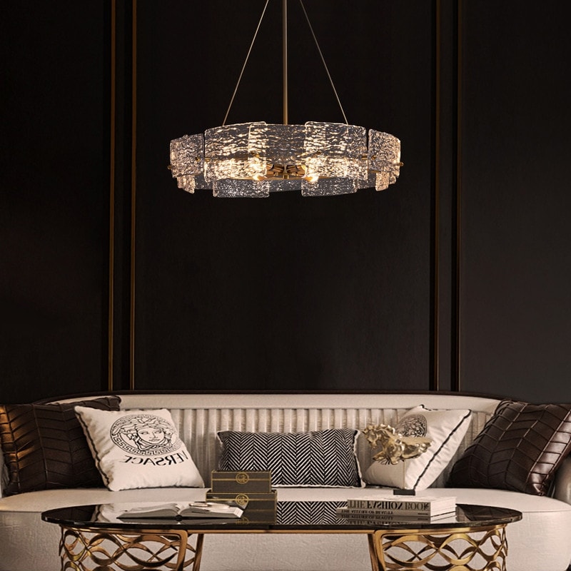 Lustre moderne en cristal doré de 60 cm (23,6 po) avec suspension tambour glamour à 6 lumières, idéal pour îlot de cuisine ou salle à manger.