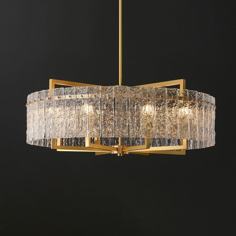 Lustre tambour moderne doré de 66 cm (26 po) en cristal, suspension à 6 lumières avec variateur, verre dépoli, idéal pour îlot de cuisine ou salle à manger.