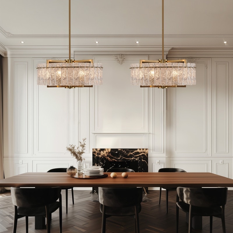 Lustre tambour moderne doré de 66 cm (26 po) en cristal, suspension à 6 lumières avec variateur, verre dépoli, idéal pour îlot de cuisine ou salle à manger.