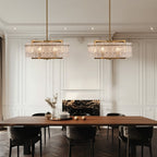 Lustre tambour moderne doré de 66 cm (26 po) en cristal, suspension à 6 lumières avec variateur, verre dépoli, idéal pour îlot de cuisine ou salle à manger.