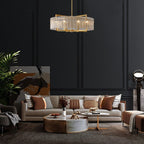 Lustre tambour moderne doré de 66 cm (26 po) en cristal, suspension à 6 lumières avec variateur, verre dépoli, idéal pour îlot de cuisine ou salle à manger.