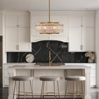 Lustre tambour moderne doré de 66 cm (26 po) en cristal, suspension à 6 lumières avec variateur, verre dépoli, idéal pour îlot de cuisine ou salle à manger.