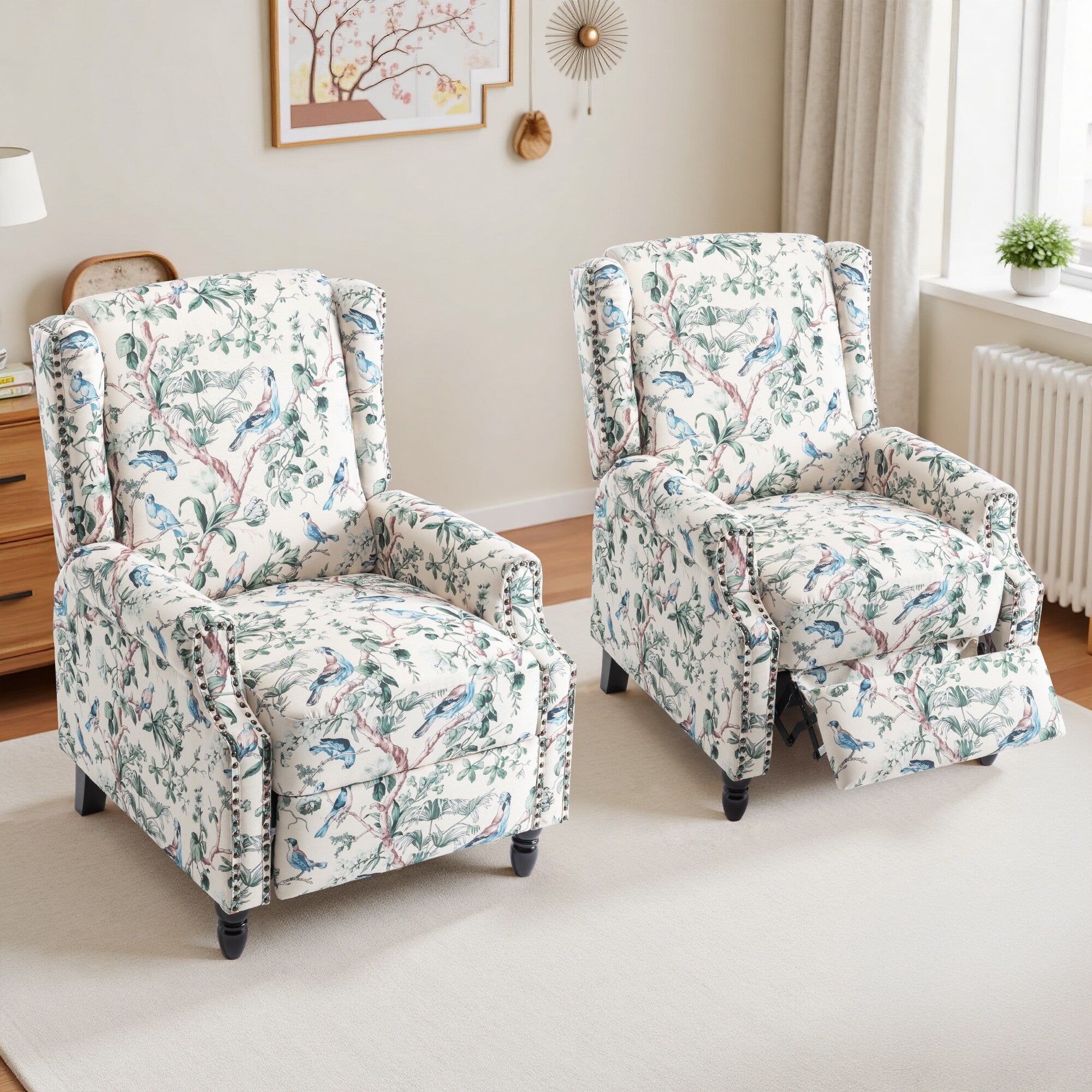 Ensemble de 2 fauteuils inclinables manuels à motif floral vintage de 74 cm de large