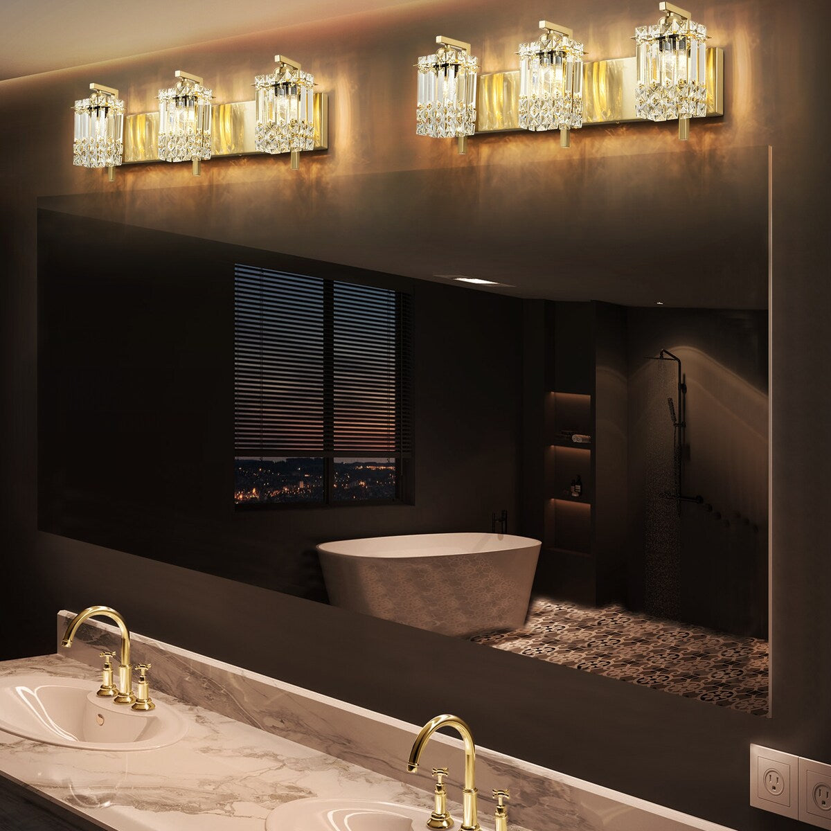 Applique murale moderne et glamour à 3 lumières pour salle de bain, avec miroir en cristal