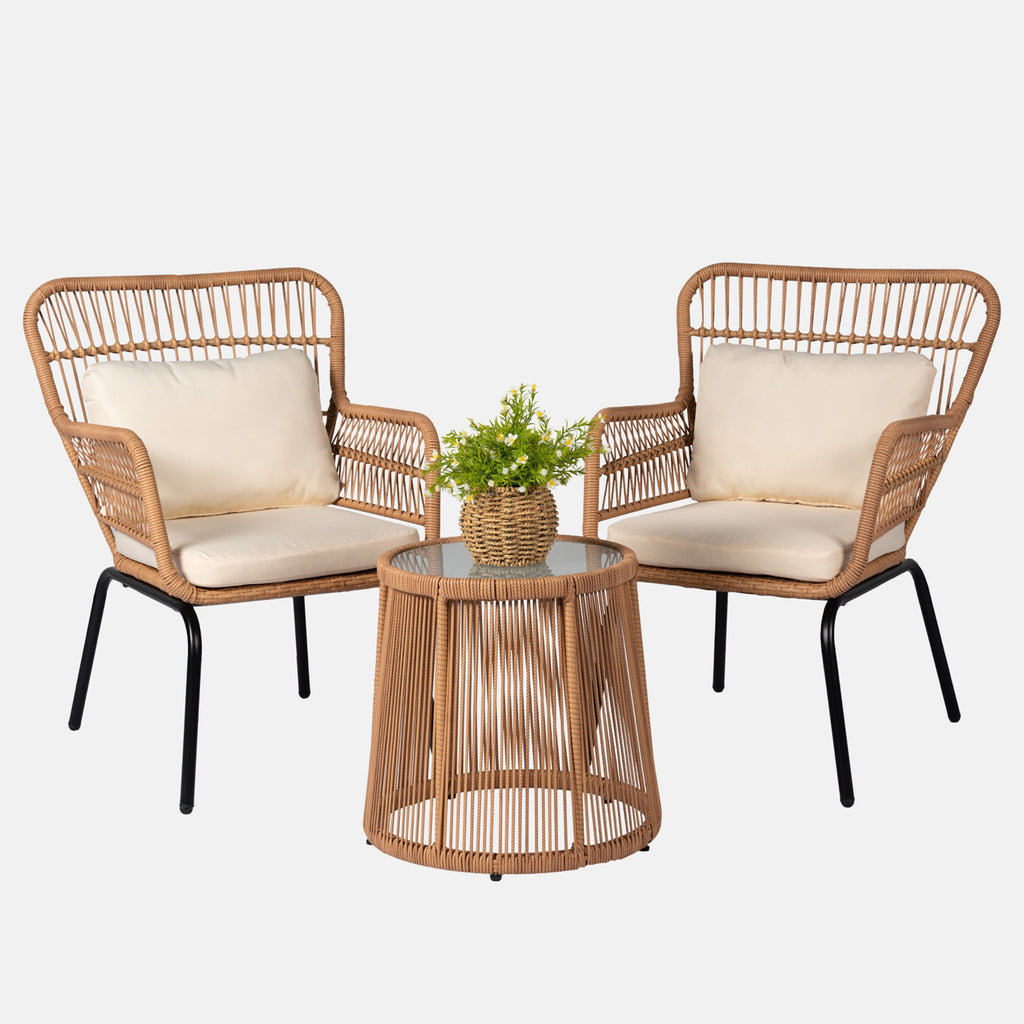 Ensemble bistro de conversation en résine tressée 3 pièces pour extérieur, mobilier de patio en rotin résistant aux intempéries avec coussins