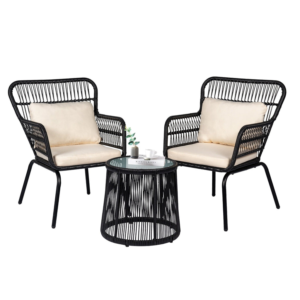 Ensemble bistro de conversation en résine tressée 3 pièces pour extérieur, mobilier de patio en rotin résistant aux intempéries avec coussins