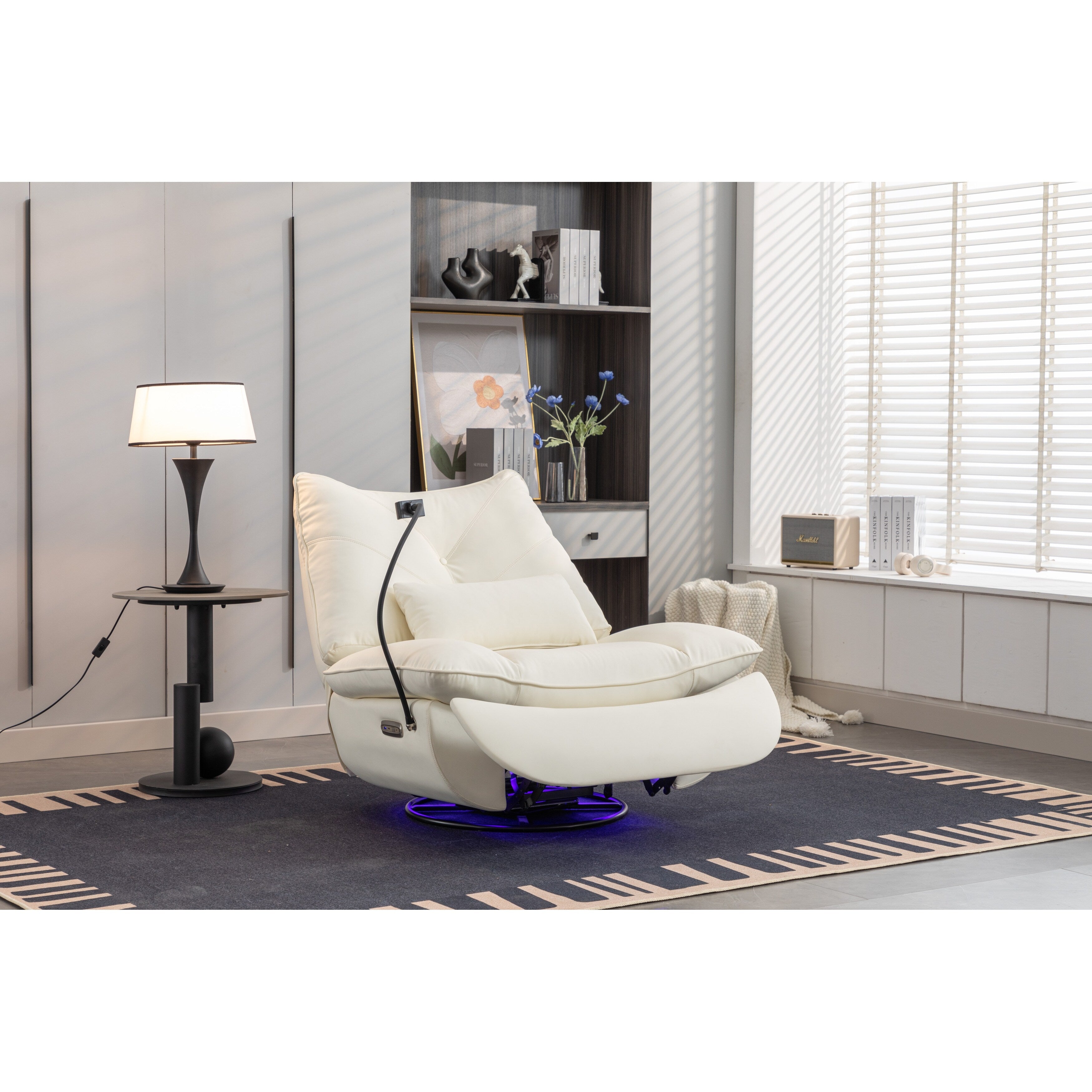 Fauteuil inclinable électrique pivotant avec haut-parleurs Bluetooth, support pour téléphone, ports de chargement USB et Type-C, rangement dissimulé dans l'accoudoir