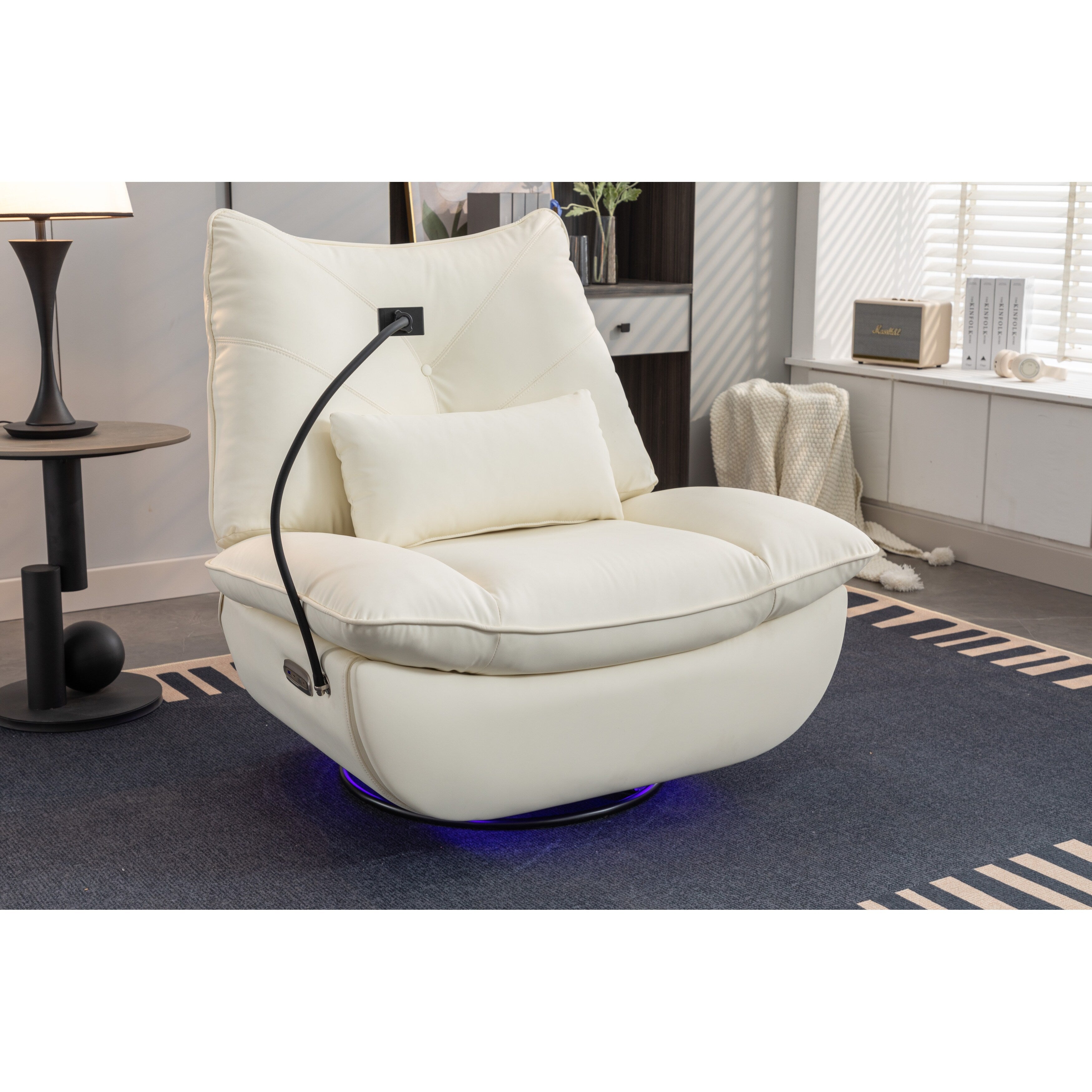 Fauteuil inclinable électrique pivotant avec haut-parleurs Bluetooth, support pour téléphone, ports de chargement USB et Type-C, rangement dissimulé dans l'accoudoir