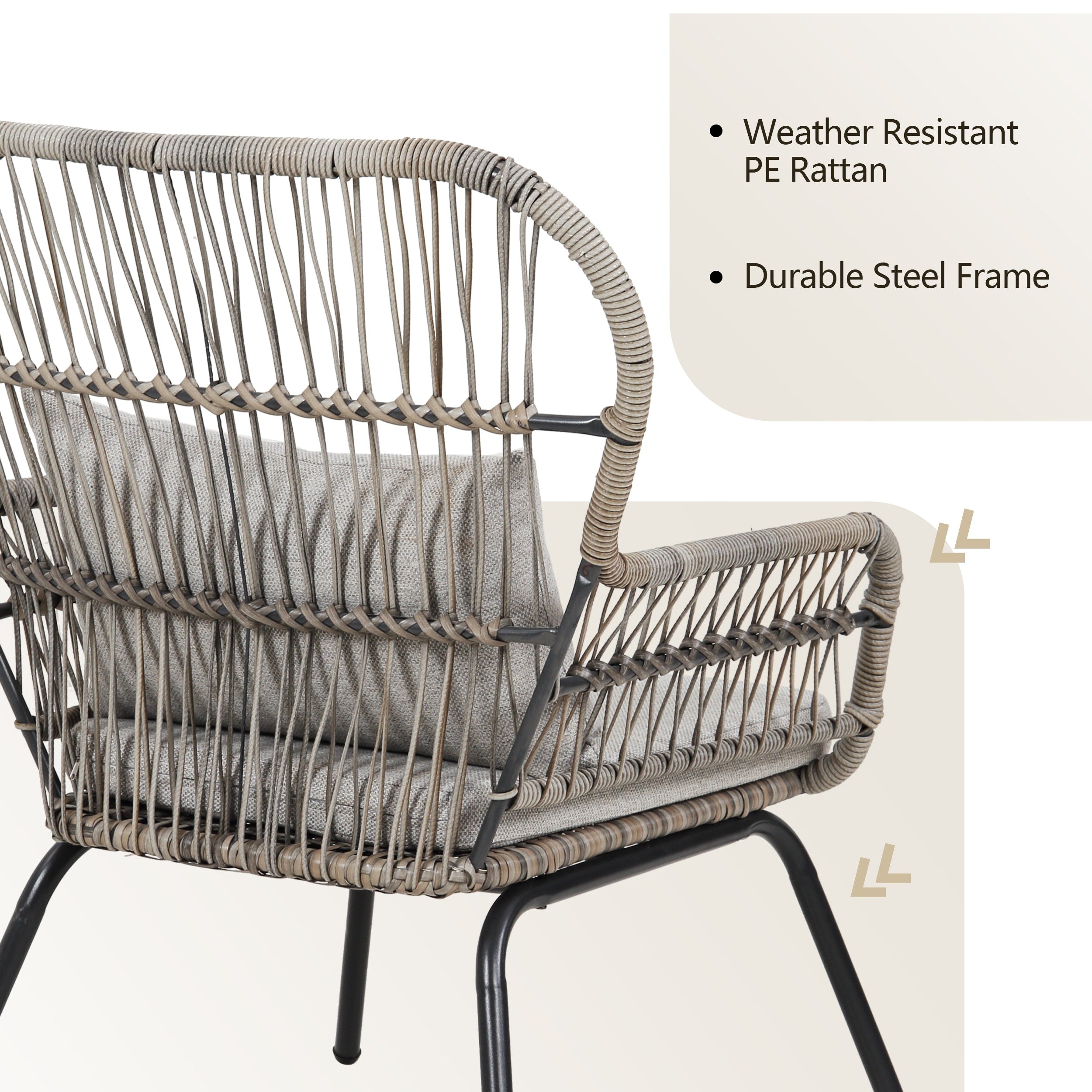 Ensemble bistro de conversation en résine tressée 3 pièces pour extérieur, mobilier de patio en rotin résistant aux intempéries avec coussins