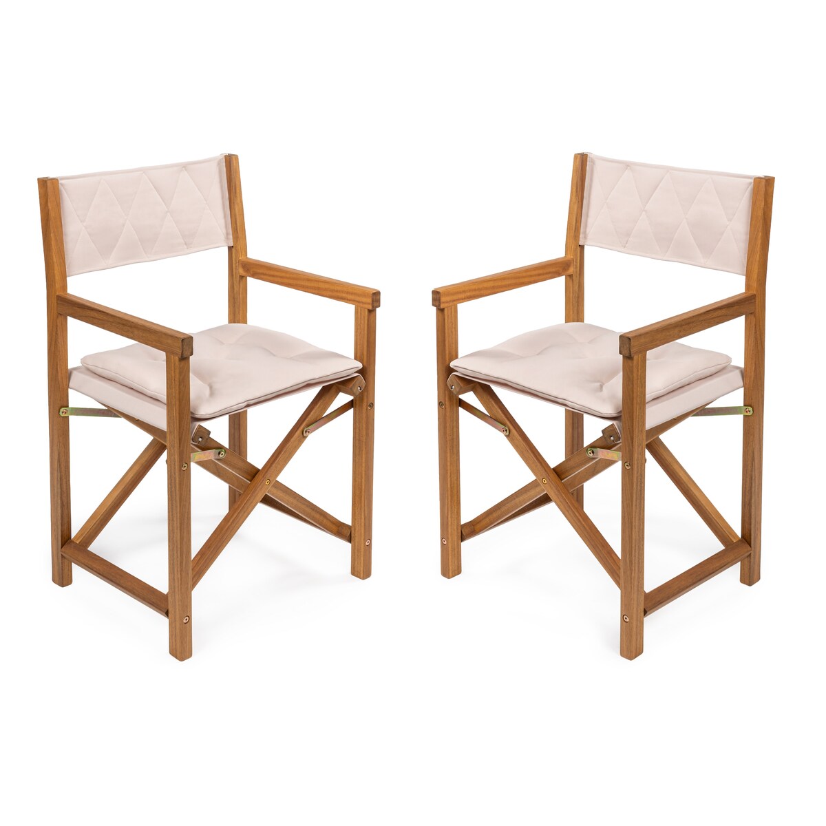 Chaises de réalisateur pliables d'extérieur Theo Classic en bois d'acacia, style milieu du siècle, avec dossier matelassé en losanges et coussin (lot de 2), par JONATHAN Y.