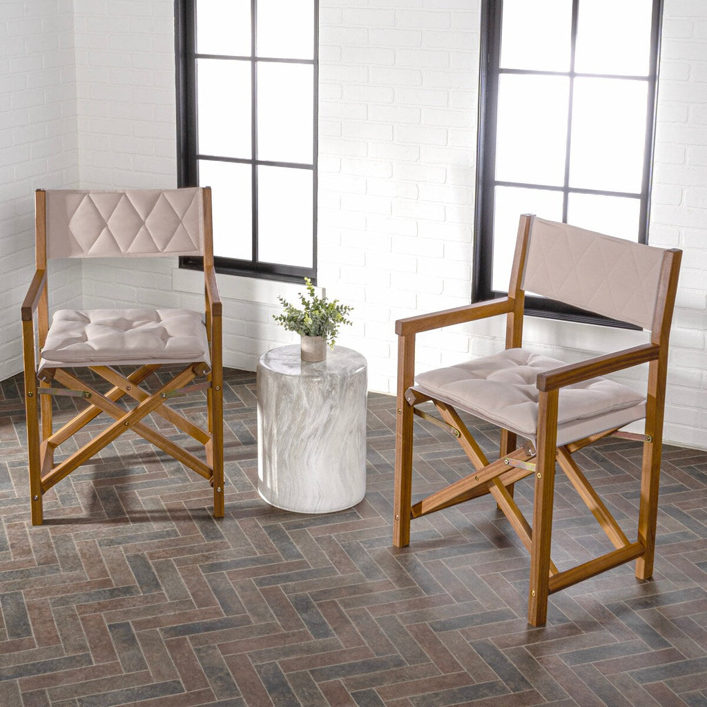 Chaises de réalisateur pliables d'extérieur Theo Classic en bois d'acacia, style milieu du siècle, avec dossier matelassé en losanges et coussin (lot de 2), par JONATHAN Y.