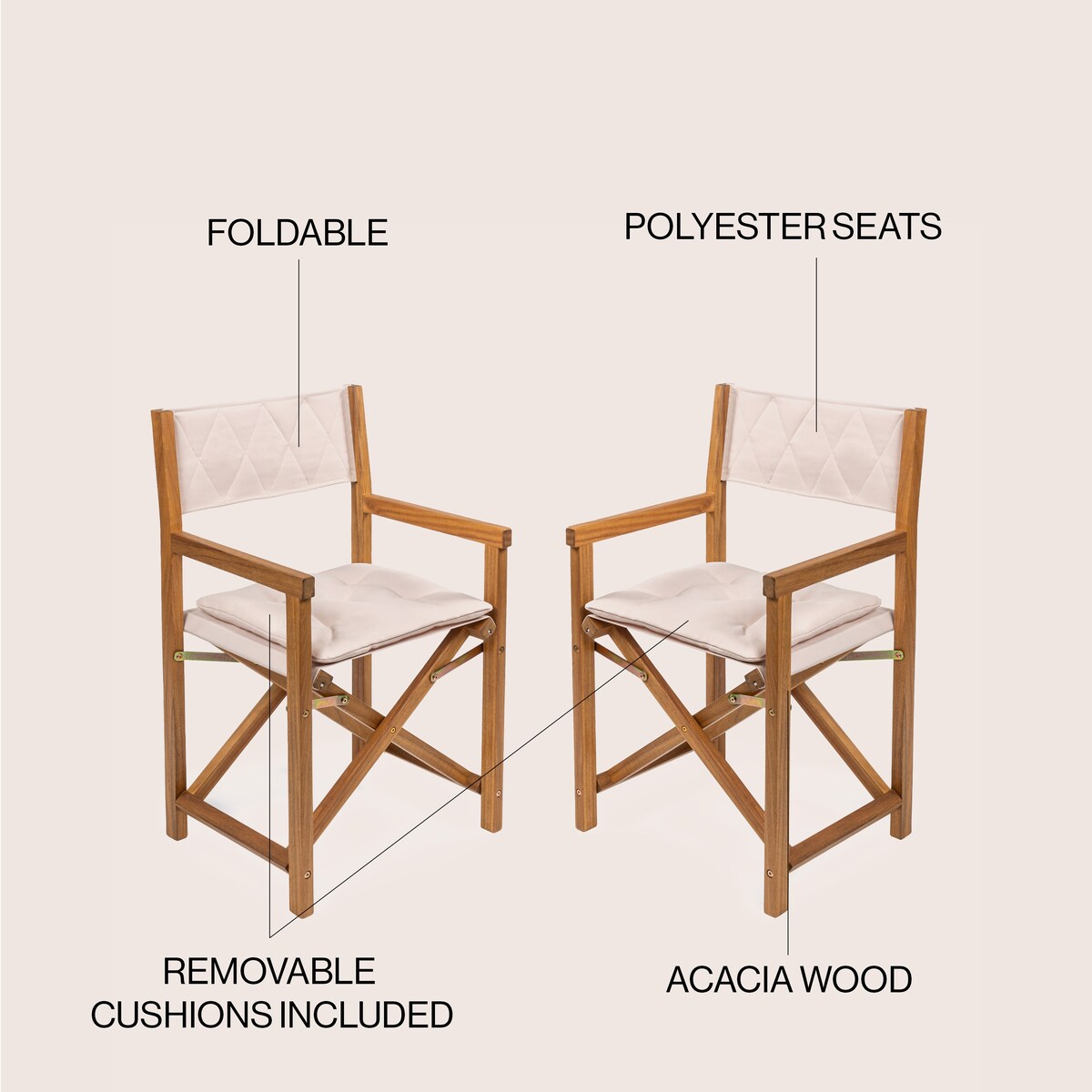 Chaises de réalisateur pliables d'extérieur Theo Classic en bois d'acacia, style milieu du siècle, avec dossier matelassé en losanges et coussin (lot de 2), par JONATHAN Y.