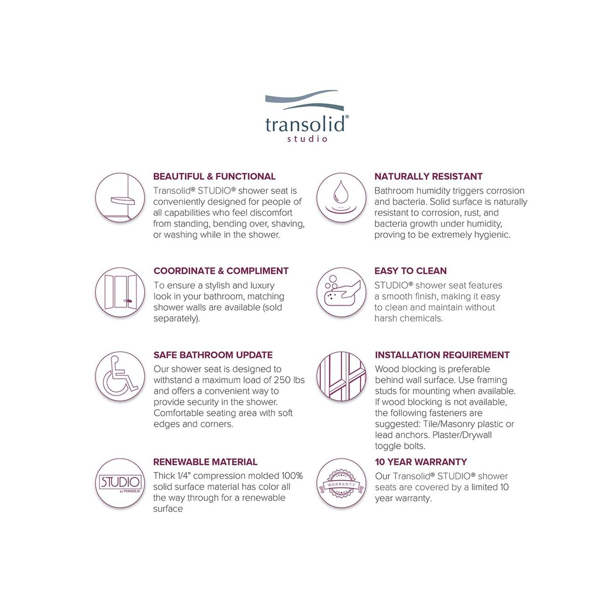 Siège de douche d'angle mural en surface solide Transolid Studio 14 po x 14 po - 14,5 po x 14,25 po x 3 po