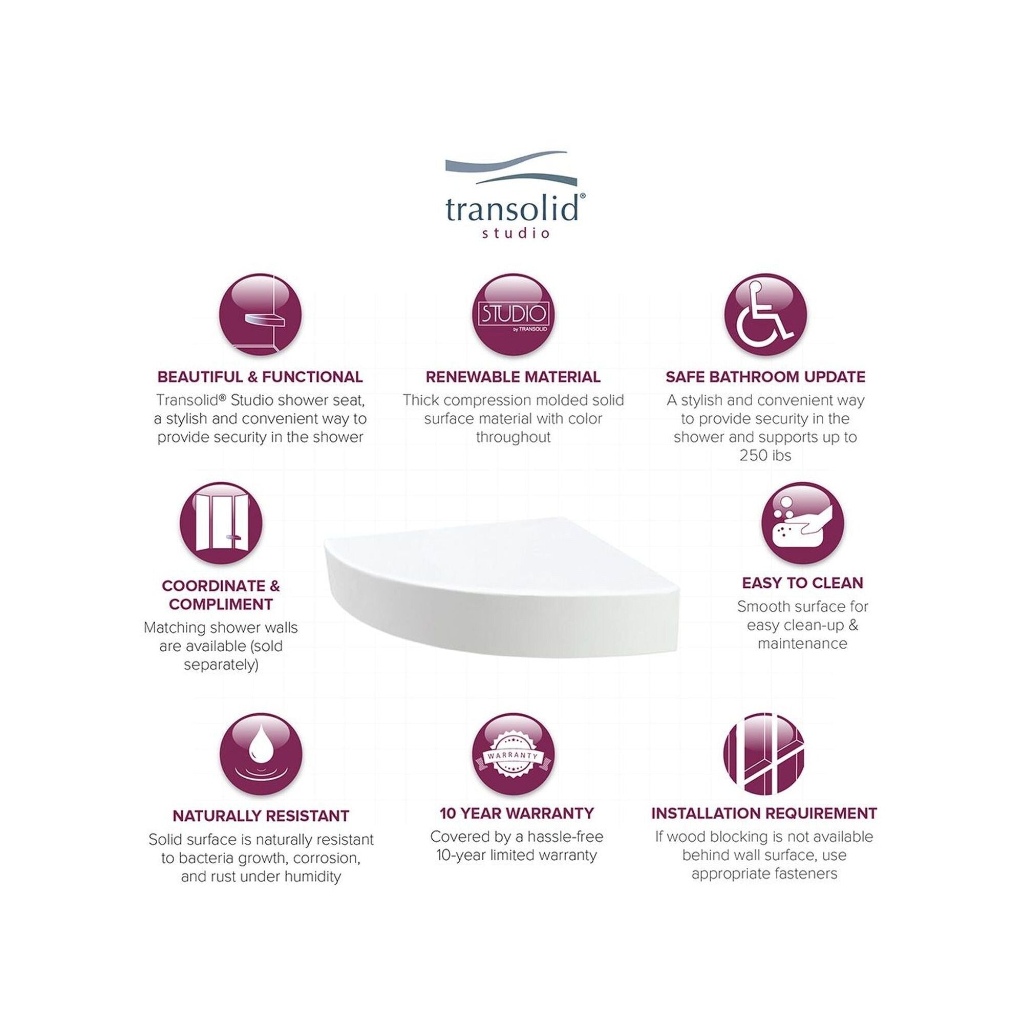 Siège de douche d'angle mural en surface solide Transolid Studio 14 po x 14 po - 14,5 po x 14,25 po x 3 po