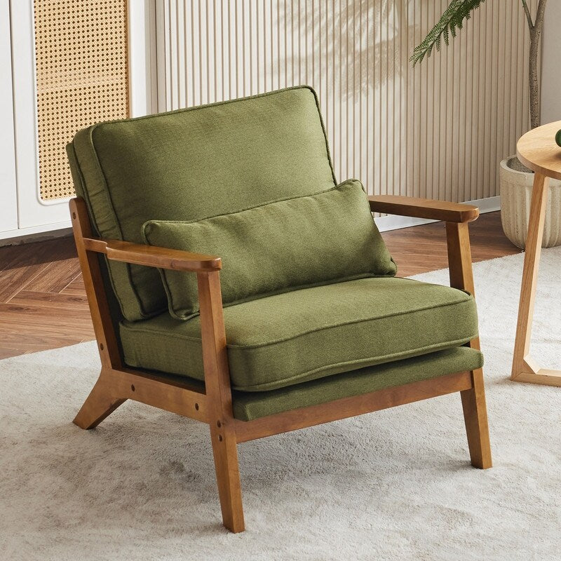 Fauteuil d'appoint beige en lin mélangé, pieds en bois et un coussin.