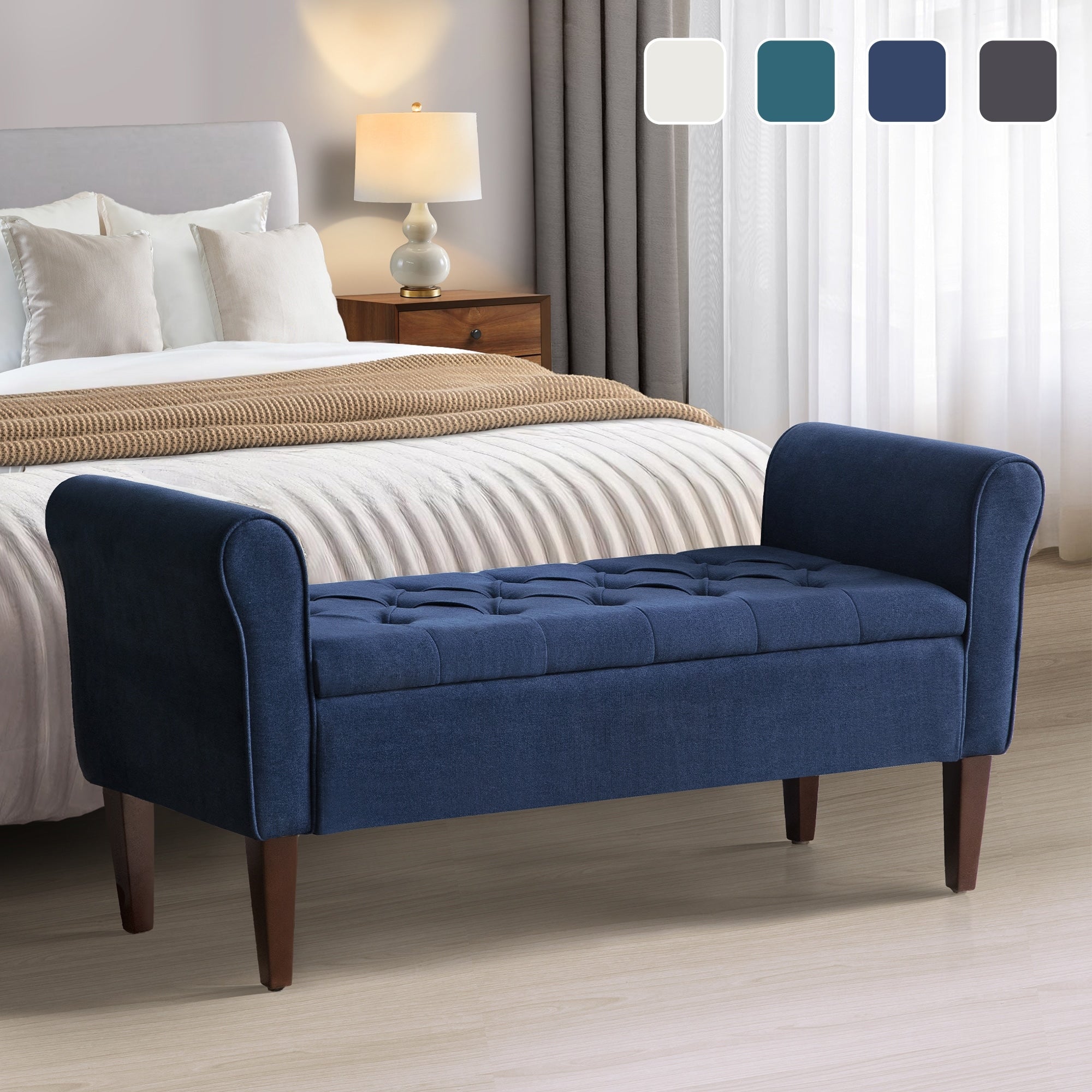 Banc de rangement rembourré avec accoudoirs et dossier capitonné rabattable, 128 cm (50,4 pouces).