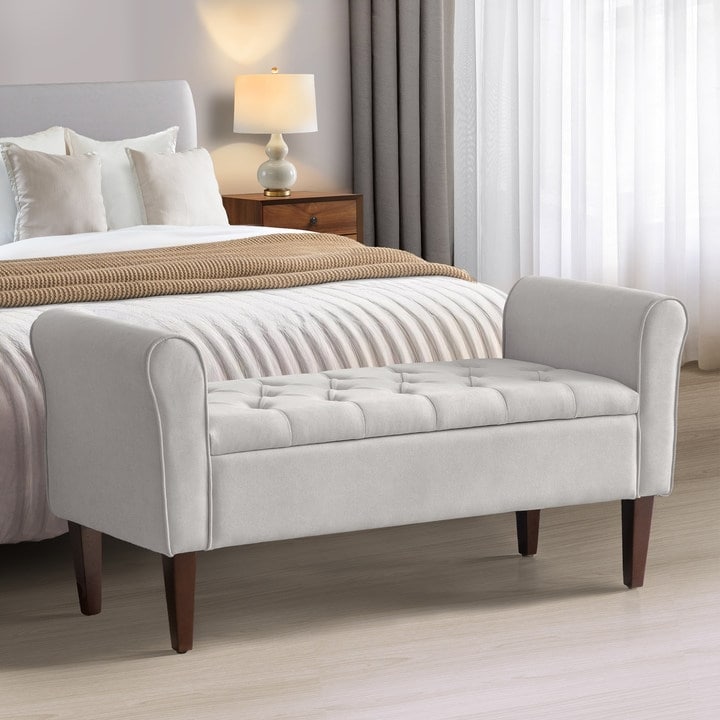 Banc de rangement rembourré avec accoudoirs et dossier capitonné rabattable, 128 cm (50,4 pouces).