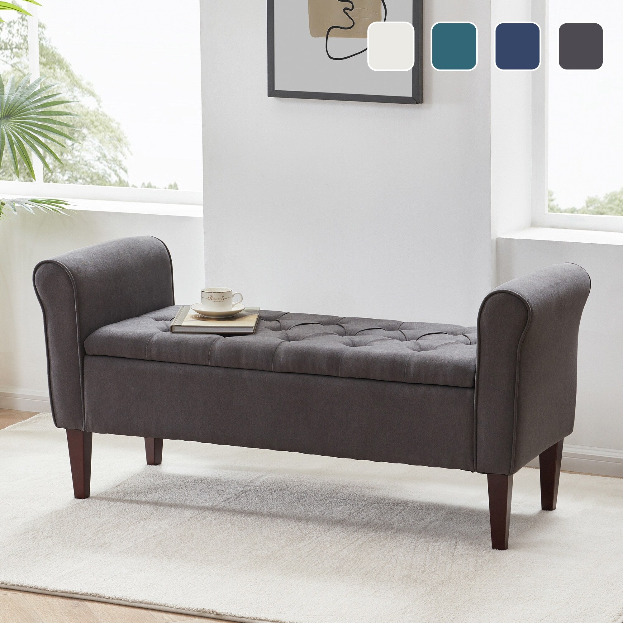 Banc de rangement rembourré avec accoudoirs et dossier capitonné rabattable, 128 cm (50,4 pouces).