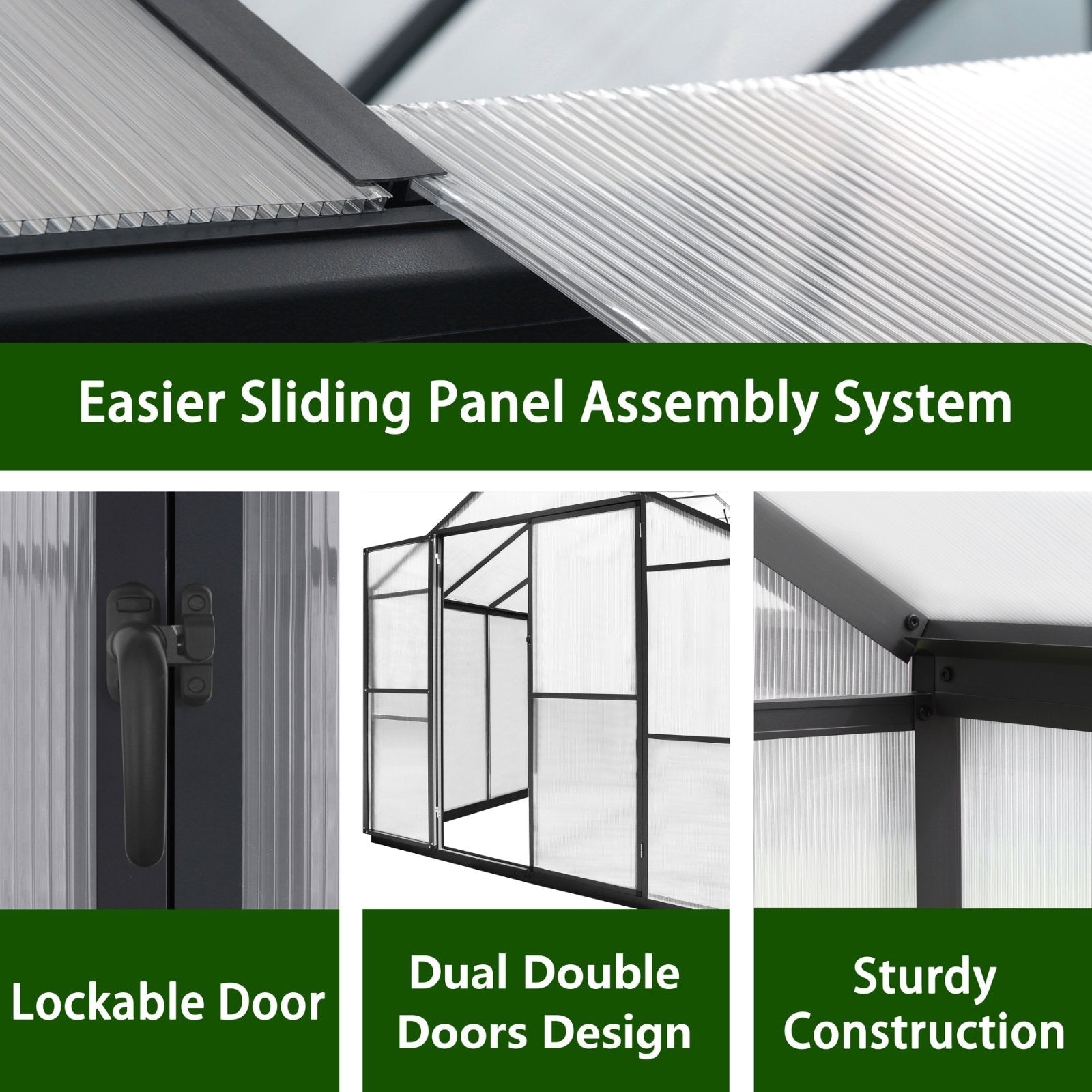 Serre de jardin VEIKOUS en aluminium, gris, avec aération de toit réglable et porte verrouillable.