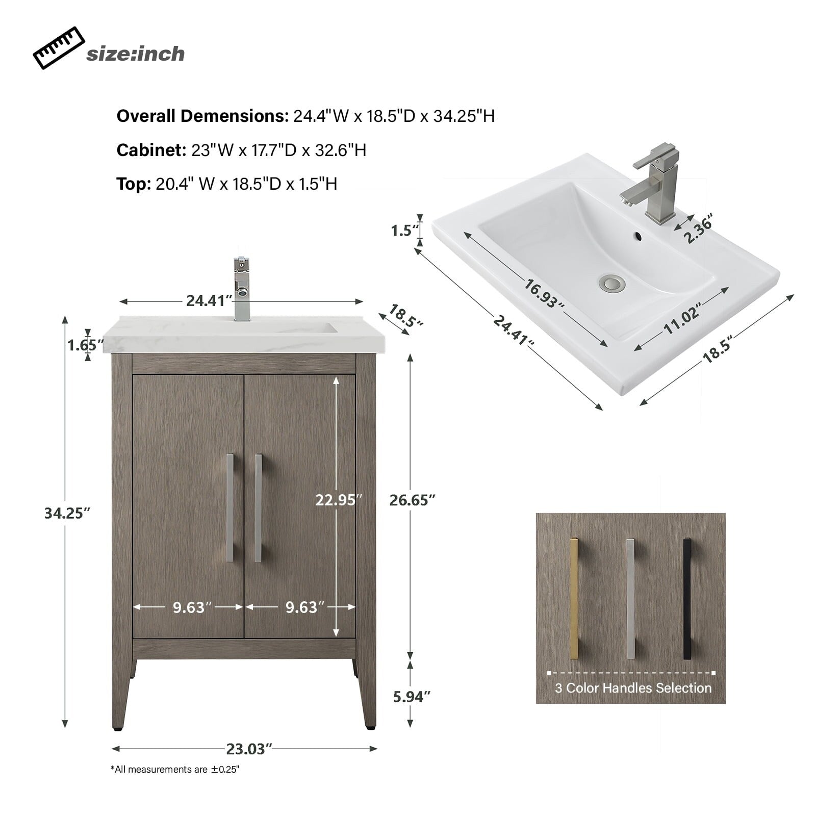Meuble-lavabo simple vasque Vanity Art 20, 24 ou 30 pouces avec plan de travail en céramique