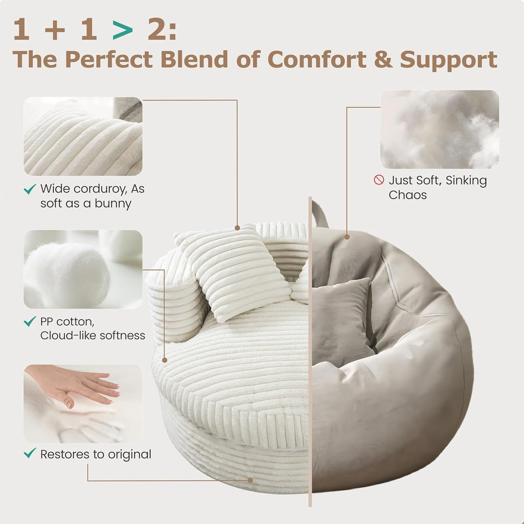 Fauteuil de jardin rond WOWMAX 47, canapé-lit surdimensionné en velours côtelé avec 2 coussins décoratifs