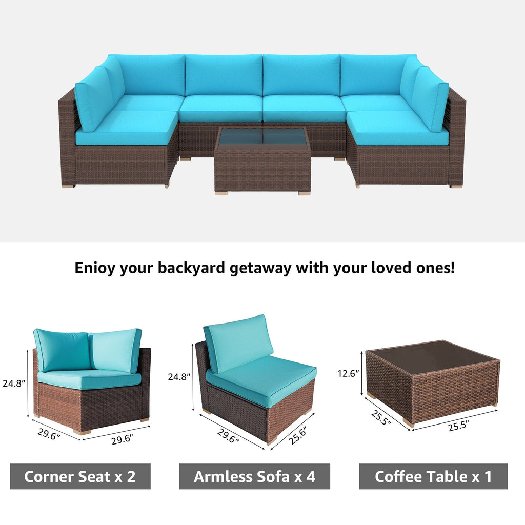 Ensemble de canapés d'angle d'extérieur 7 pièces en osier et acier avec coussins