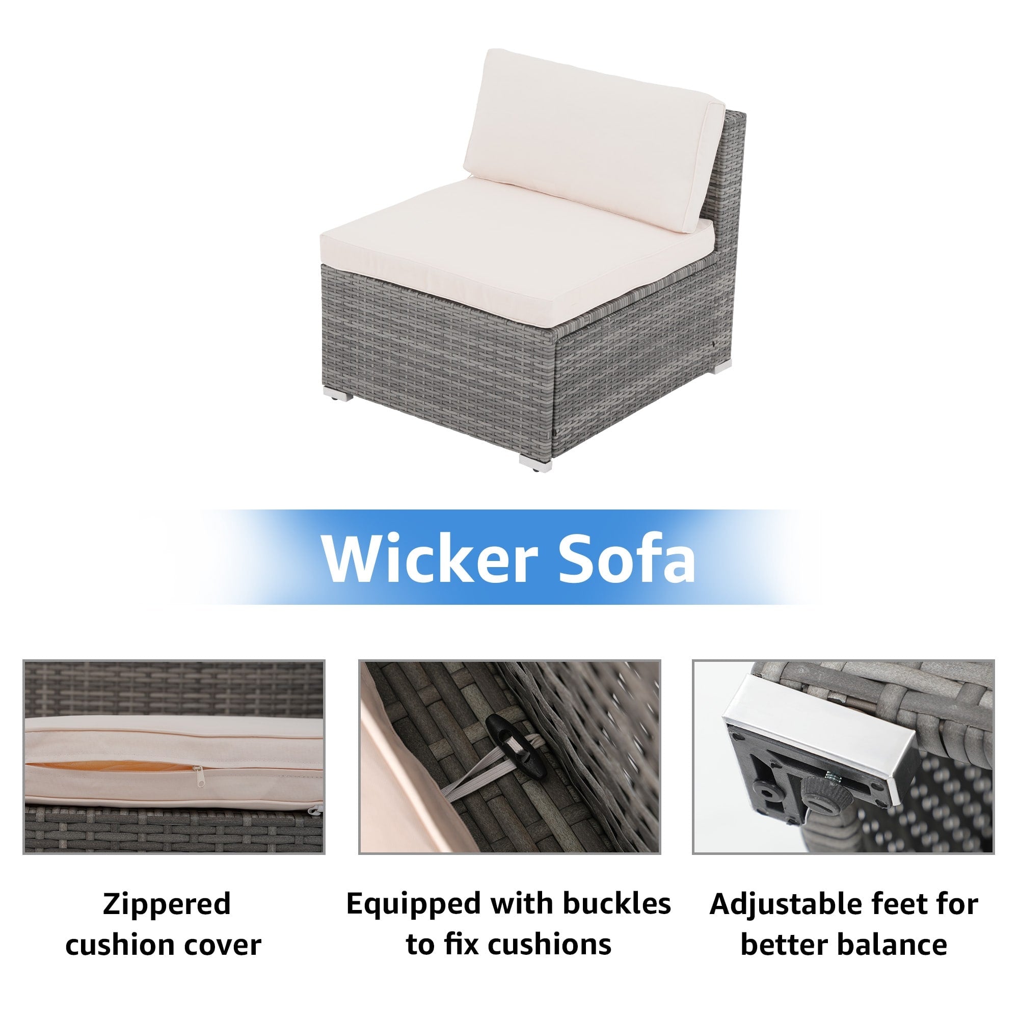 Ensemble de canapés d'angle d'extérieur 7 pièces en osier et acier avec coussins