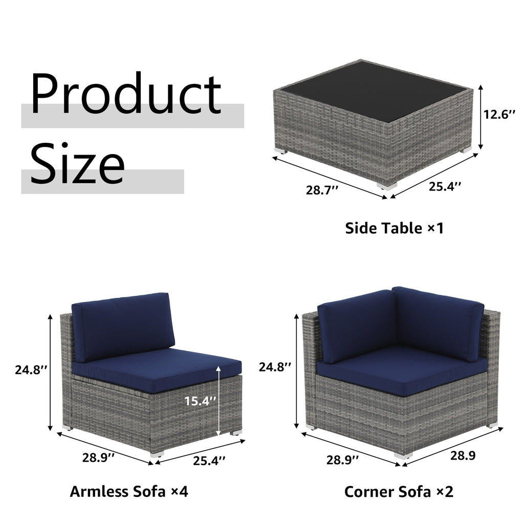Ensemble de canapés d'angle d'extérieur 7 pièces en osier et acier avec coussins