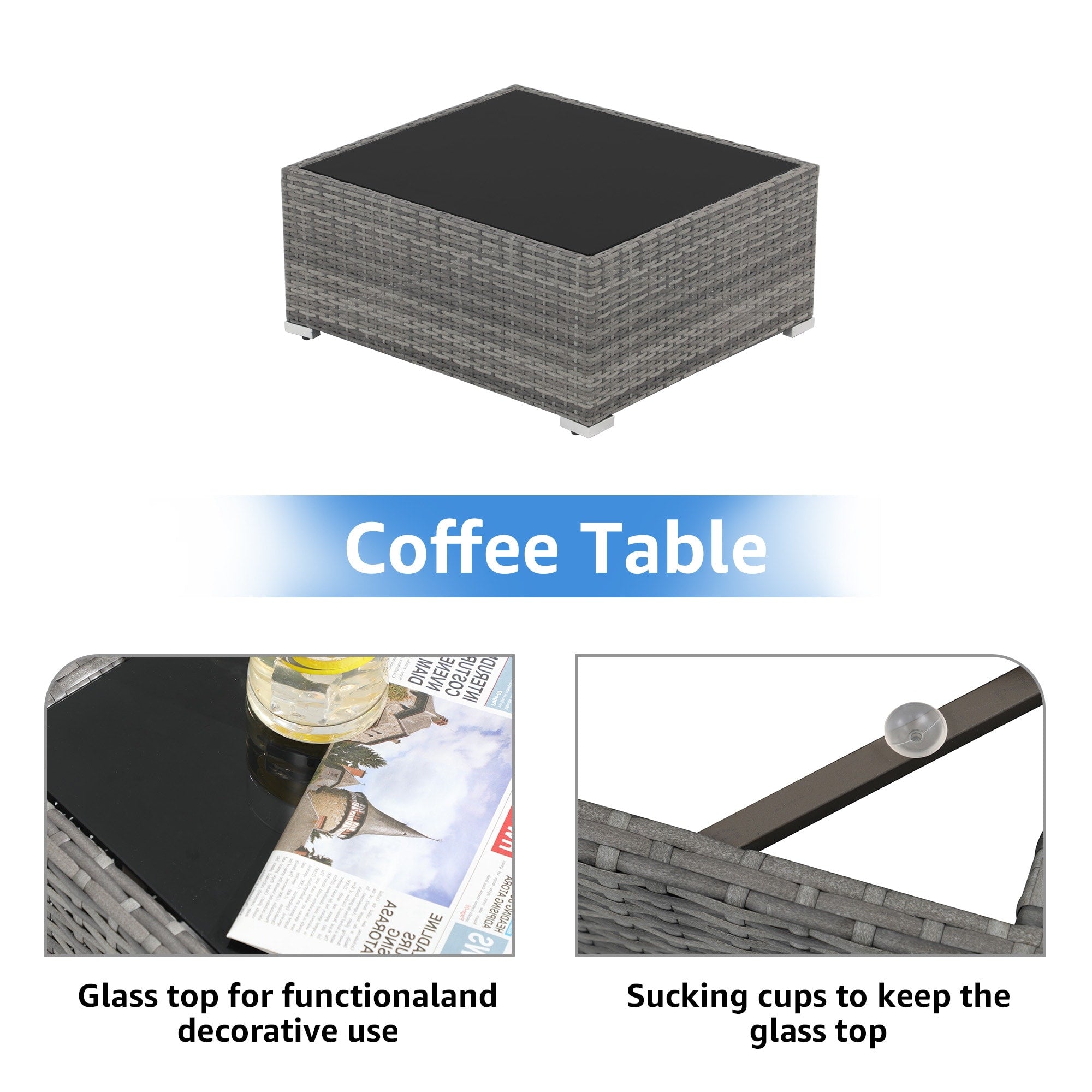 Ensemble de canapés d'angle d'extérieur 7 pièces en osier et acier avec coussins