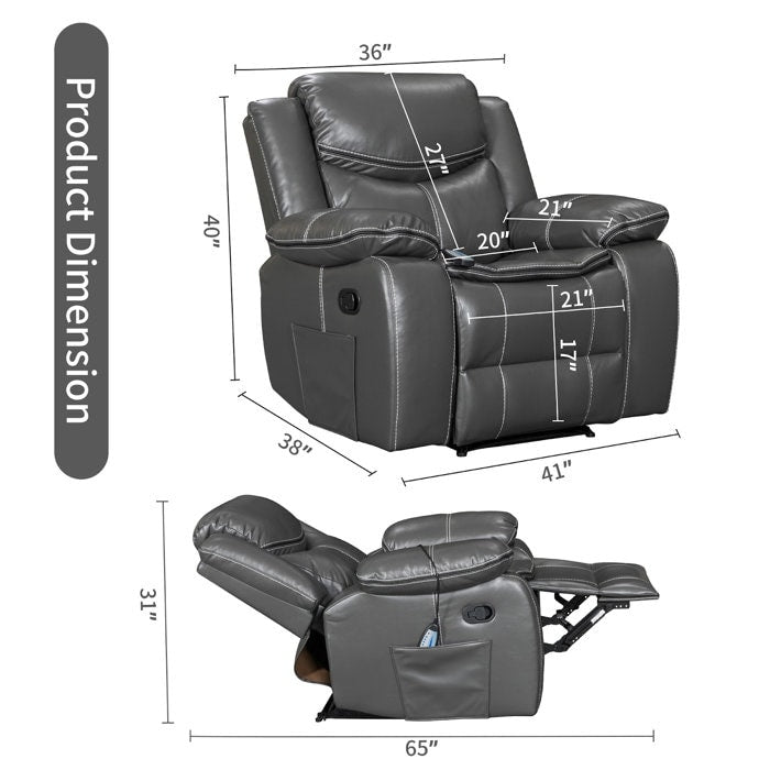 Fauteuil inclinable à large assise en cuir durable avec massage et chauffage