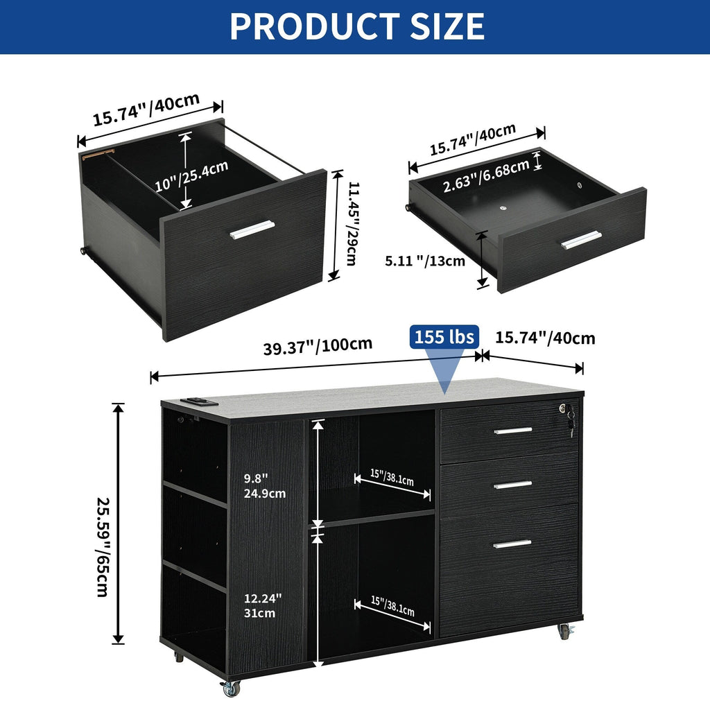 Classeur en bois avec station de recharge, classeur latéral mobile, verrouillable, compatible avec les formats A4, Lettre et Légal