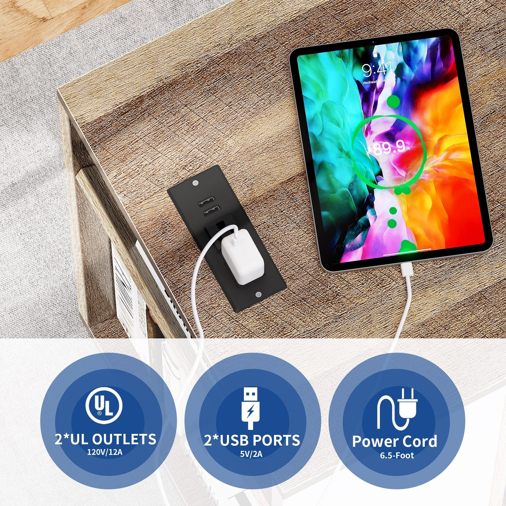 Classeur en bois avec station de recharge, classeur latéral mobile, verrouillable, compatible avec les formats A4, Lettre et Légal