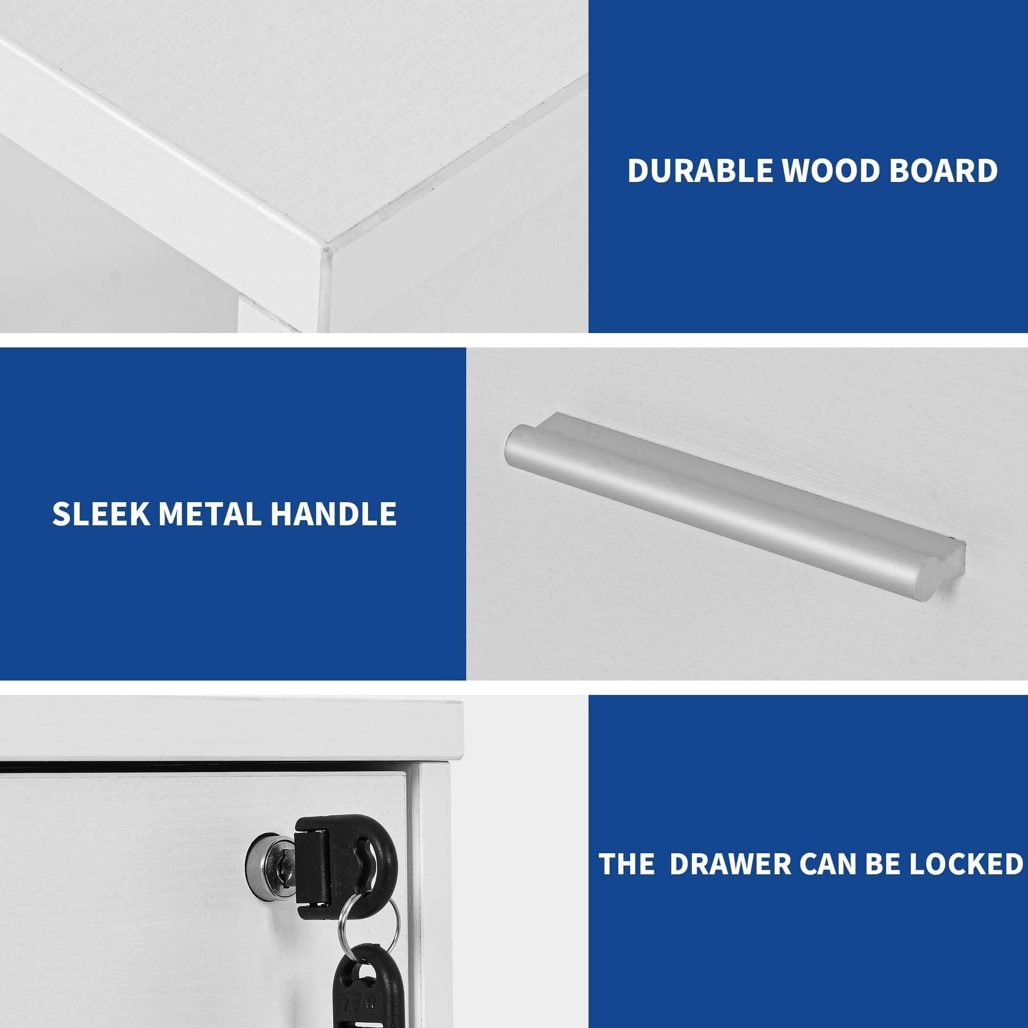 Classeur en bois avec station de recharge, classeur latéral mobile, verrouillable, compatible avec les formats A4, Lettre et Légal