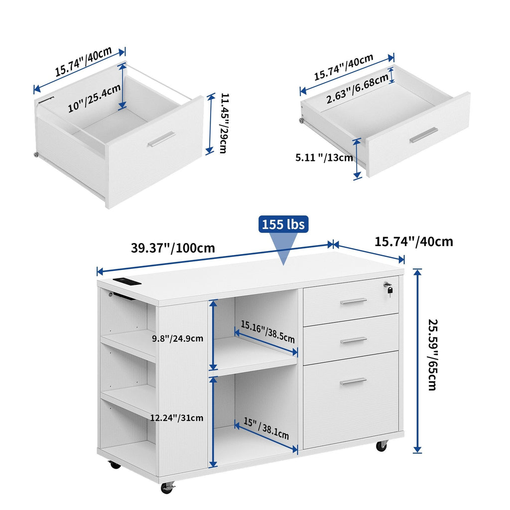 Classeur en bois avec station de recharge, classeur latéral mobile, verrouillable, compatible avec les formats A4, Lettre et Légal