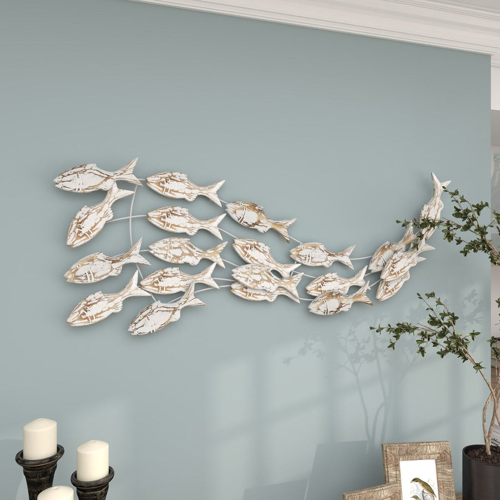 Décoration murale artisanale en bois représentant un poisson nageur, effet vieilli marron - Blanc - Roche River Decor