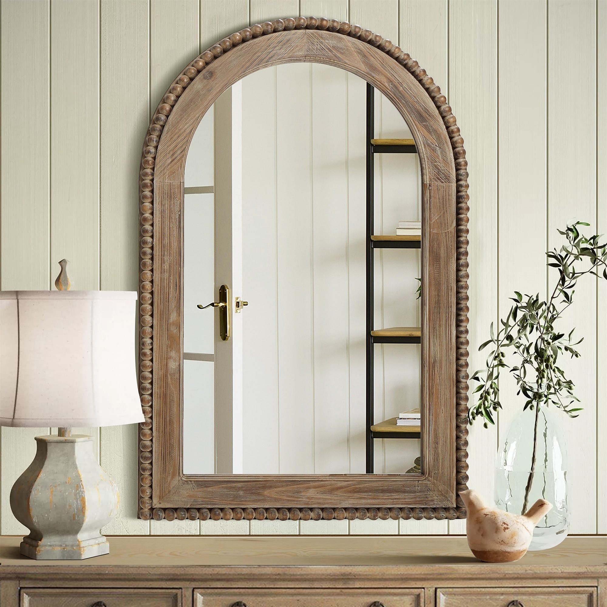 Miroir mural encadré en bois avec fenêtre cintrée, miroir de salle de bain - 39,25 po H x 25,87 po L x 1,5 po P
