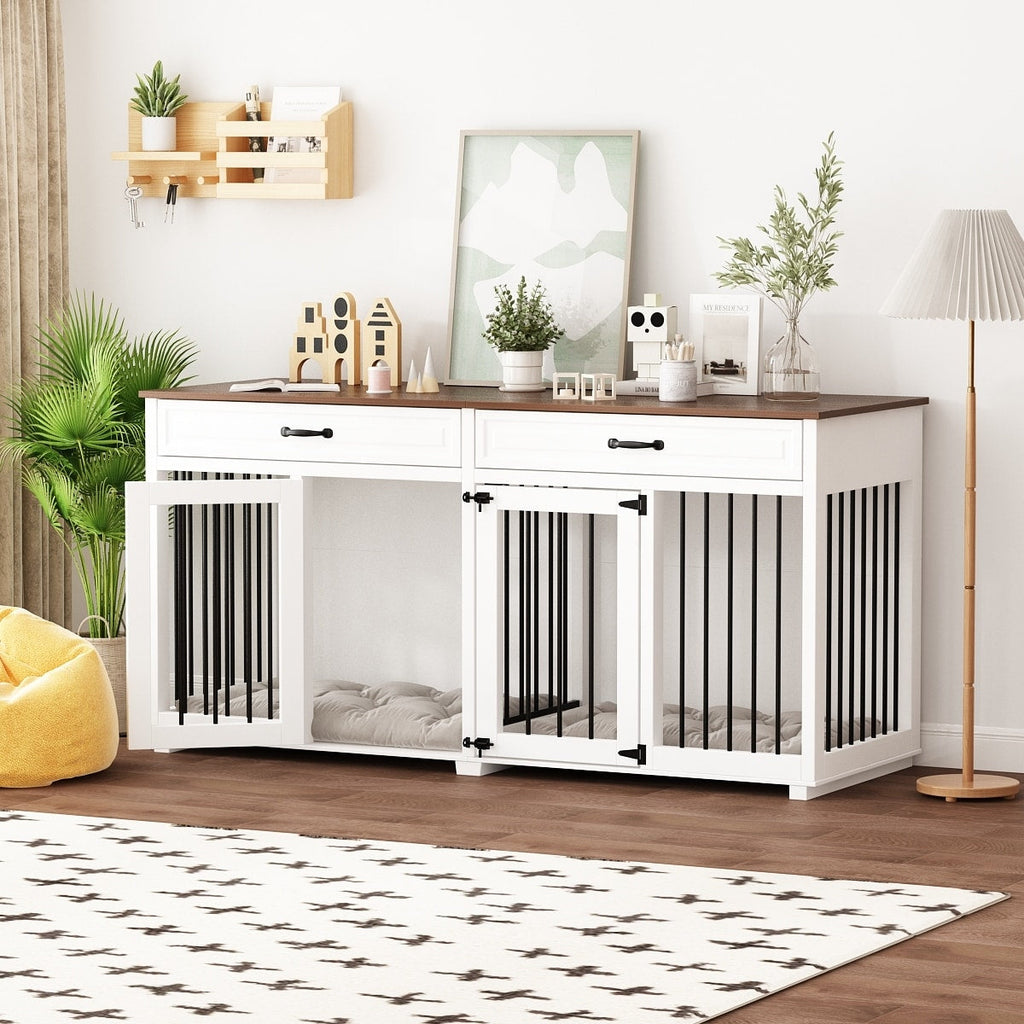 Cage double en bois pour chien avec 2 tiroirs et séparateur